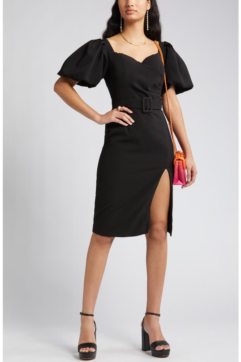 Bonnie Puff Sleeve Belted Sheath Dress, Main, color, BLACK