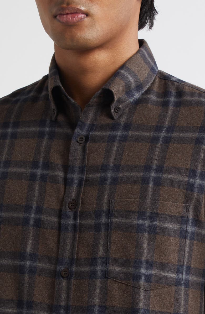 Sunspel Check Brushed Cotton Flannel Button-Down Shirt, Alternate, color, Bark Check
