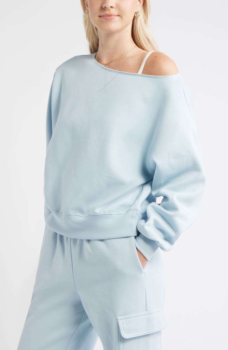 BP. Fleece Detail Off the Shoulder Sweatshirt, Alternate, color, Blue Skyride