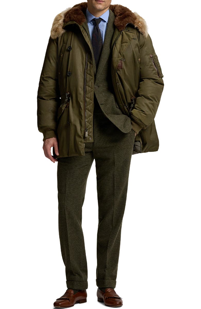 Ralph Lauren Purple Label Insulated Down Parka Jacket with Genuine Shearling Trim, Alternate, color, Olive