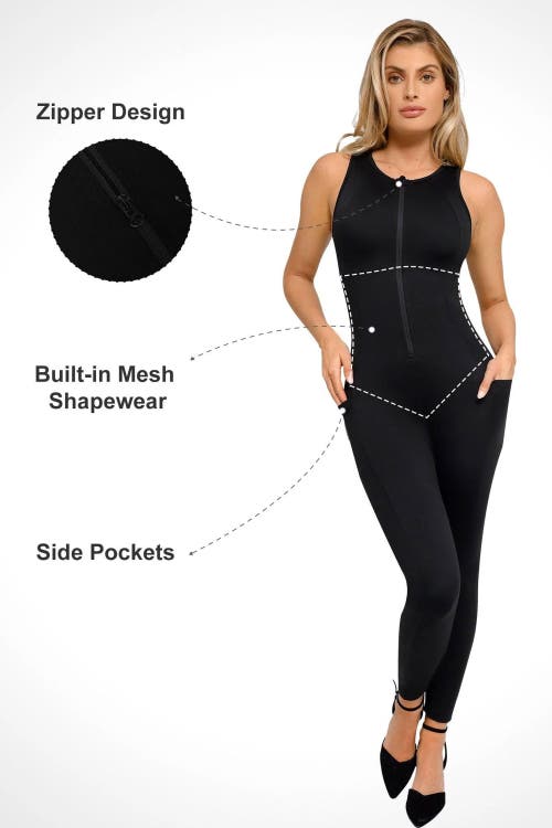 Popilush Shapewear Sleeveless Body-sculpting Zip Front Jumpsuit In Jet Black