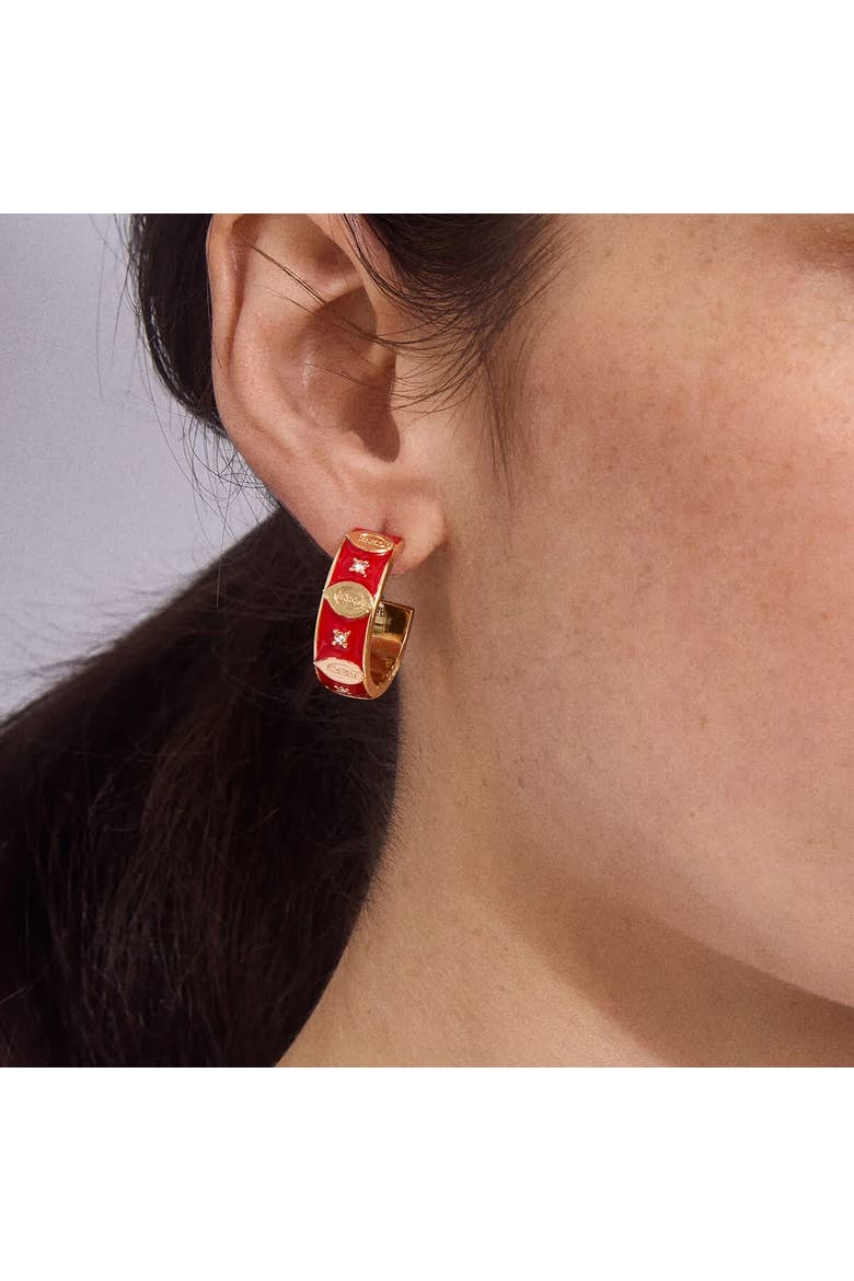 x BaubleBar Cincinnati Reds Enamel Hoop Earrings, Alternate, color, Gold