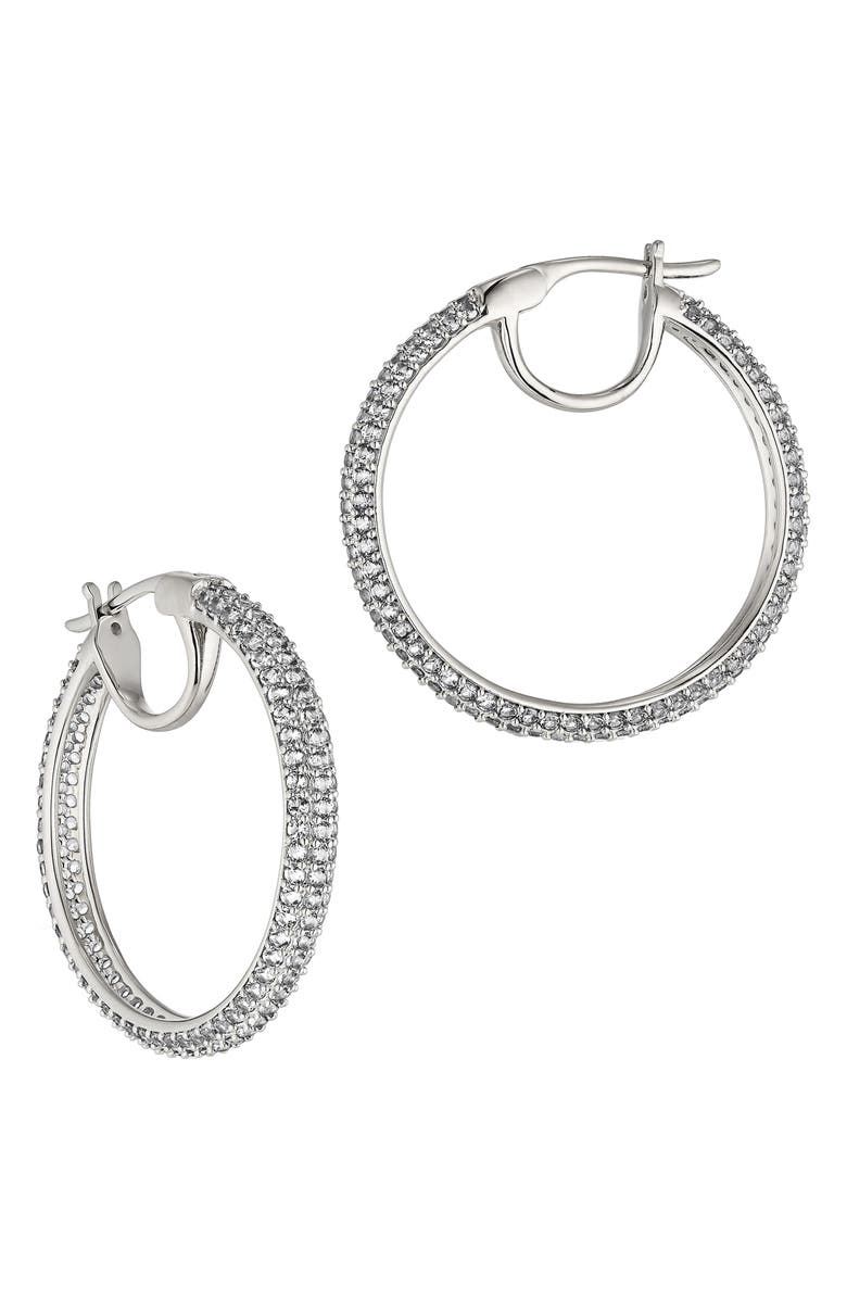 Nadri Pavé the Way Medium Hoop Earrings, Alternate, color, Rhodium