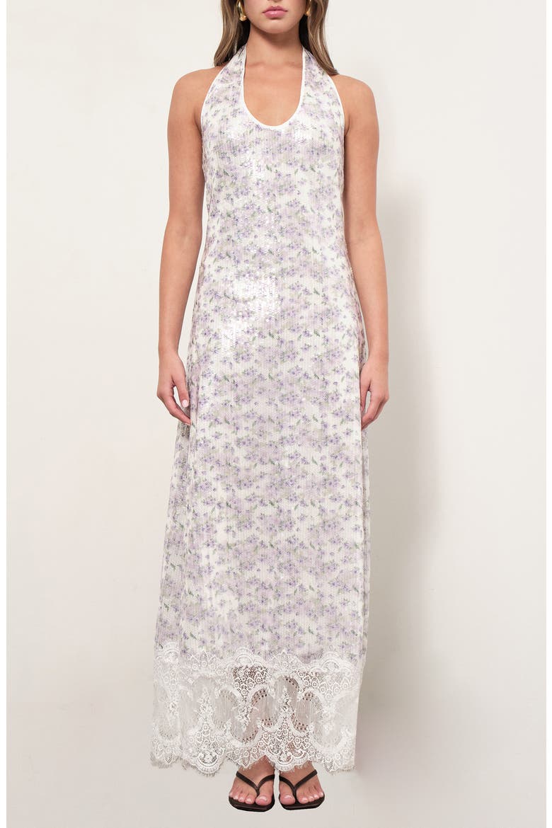 Apollo Floral Sequin Halter Neck Dress, Main, color, LILAC BELLFLOWER SEQUINS
