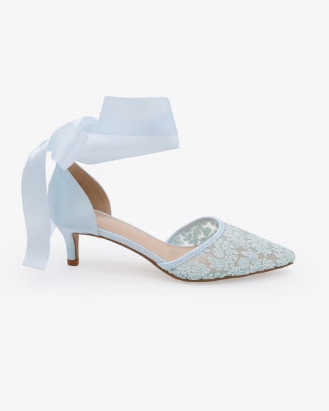 Claudia Crochet Lace Pointy Toe Wedding Kitten Low Heel with Wrapped Satin Ribbon Tie