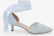 Kailee P Claudia Crochet Lace Pointy Toe Wedding Kitten Low Heel with Wrapped Satin Ribbon Tie