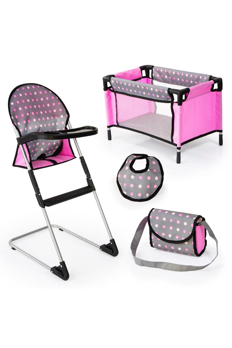 Doll High Chair Crib Set, Grey, Pink with Dots, Main, color, Multicolored