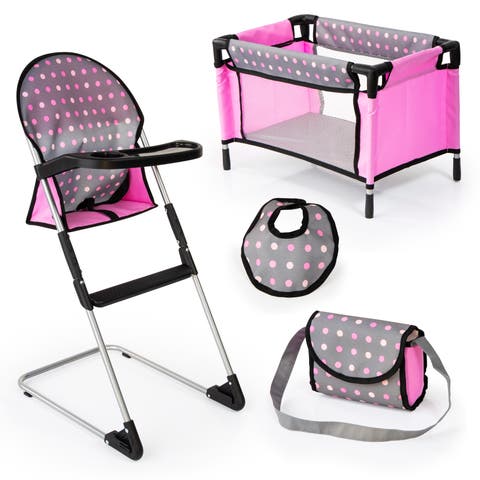 Doll High Chair Crib Set, Grey, Pink with Dots