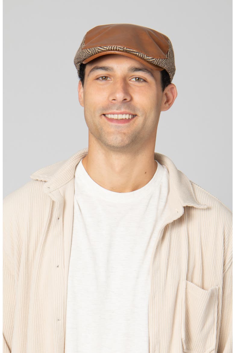 Faux Leather Herringbone Driving Cap, Alternate, color, BROWN