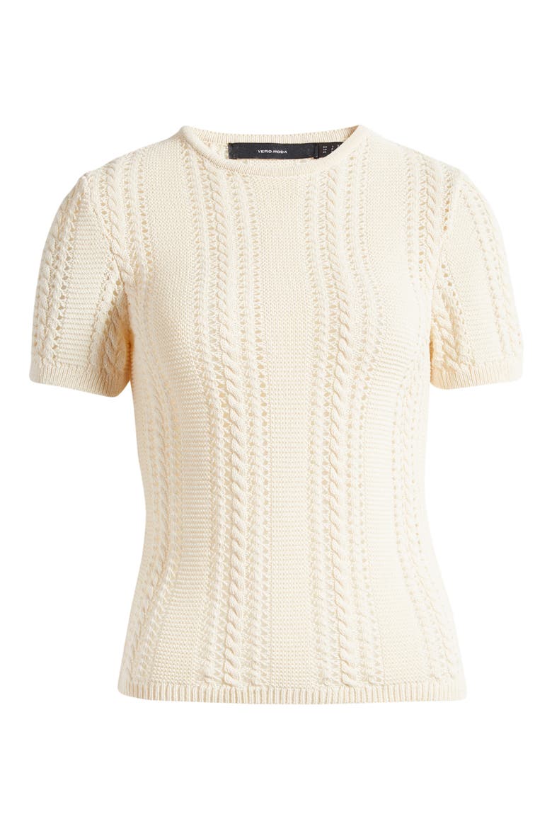 Nora Cable Detail Short Sleeve Cotton Blend Sweater, Alternate, color, BIRCH