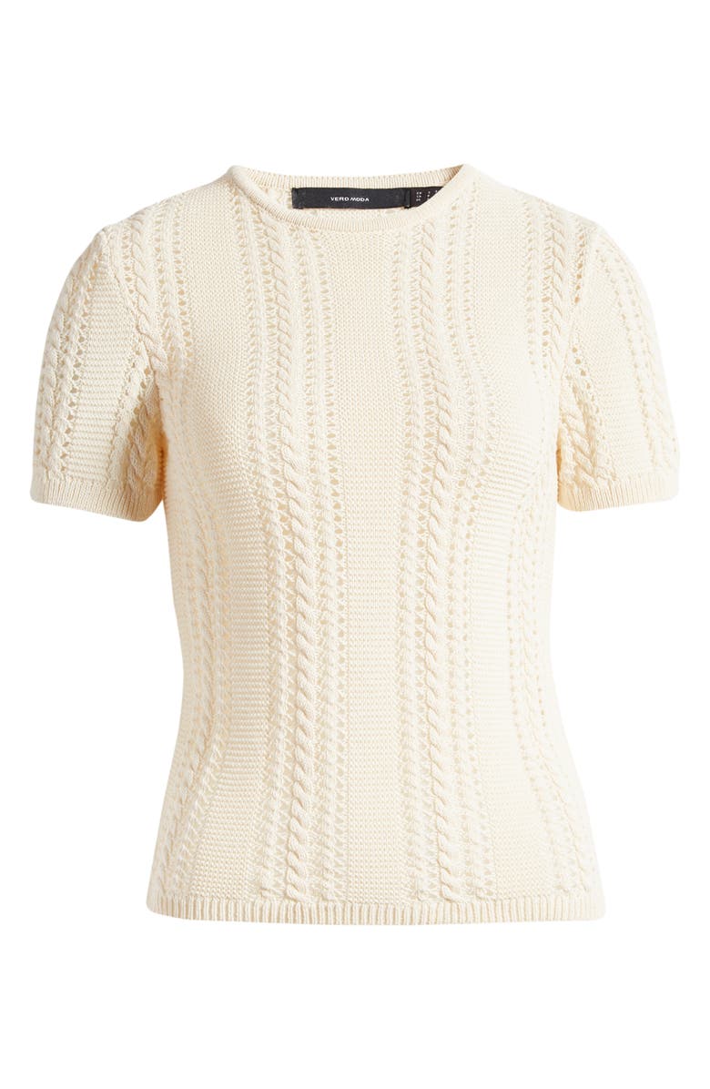 VERO MODA Nora Cable Detail Short Sleeve Cotton Blend Sweater, Alternate, color, Birch