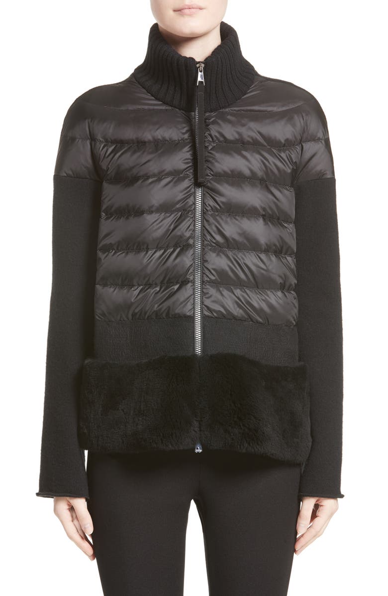 Moncler Genuine Shearling Trim Quilted Cardigan, Main, color, 