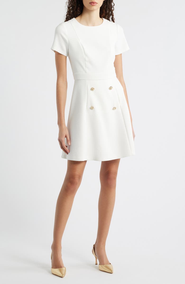 Eliza J Button Detail Short Sleeve Fit & Flare Dress, Main, color, Ivory