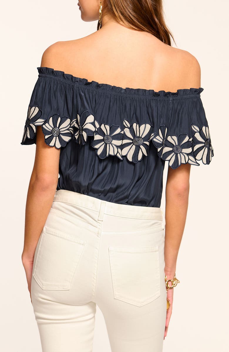 Ramy Brook Terri Embroidered Floral Ruffle Off the Shoulder Top, Alternate, color, Navy