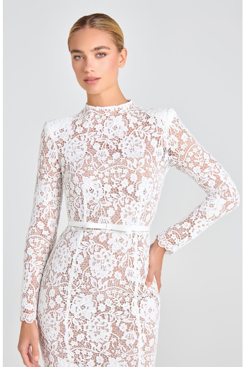 lace pintuck long sleeve cocktail dress Tadashi Shoji Women's Brone Illusion Lace Cocktail Dress - Blue - Size 14