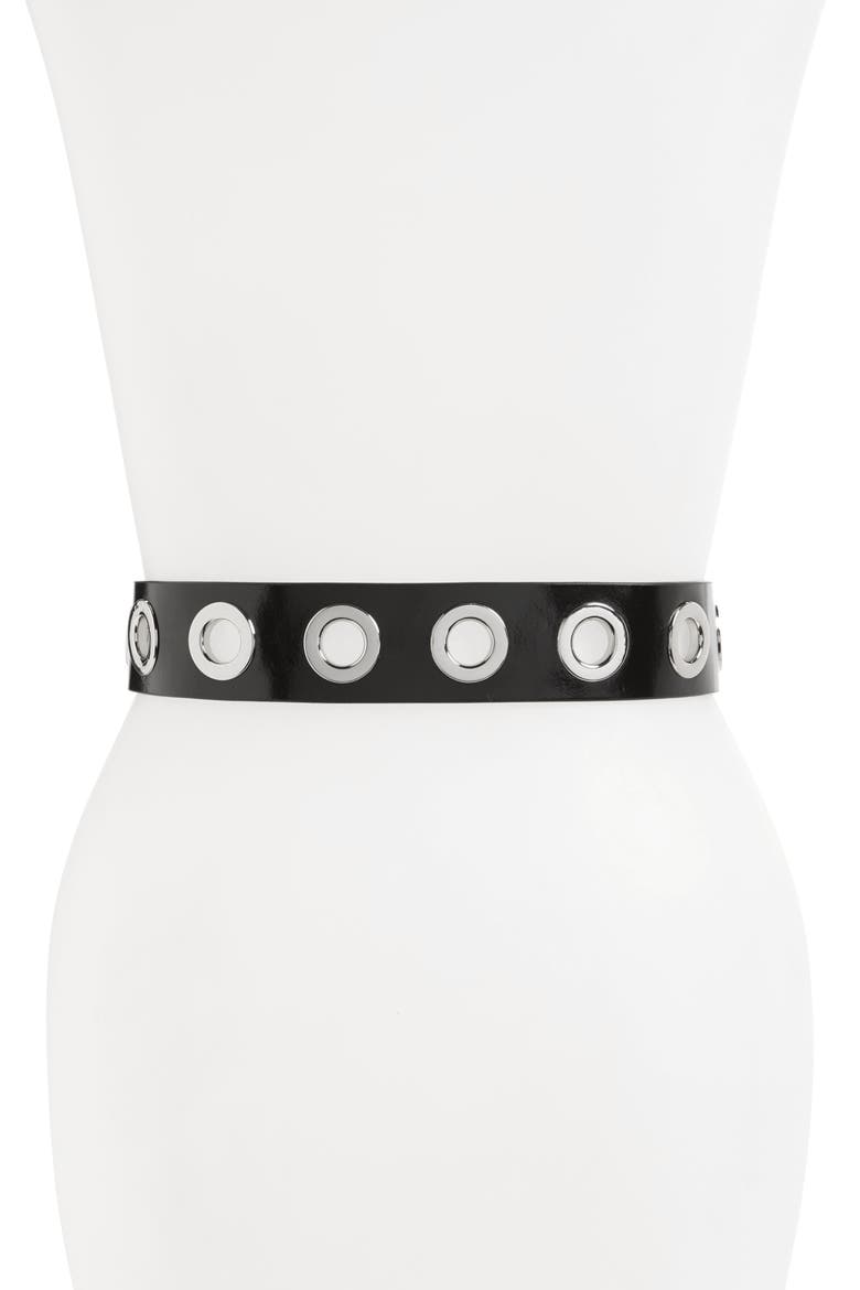 Grommet Leather Belt, Alternate, color, BLACK/ SHINY NICKEL
