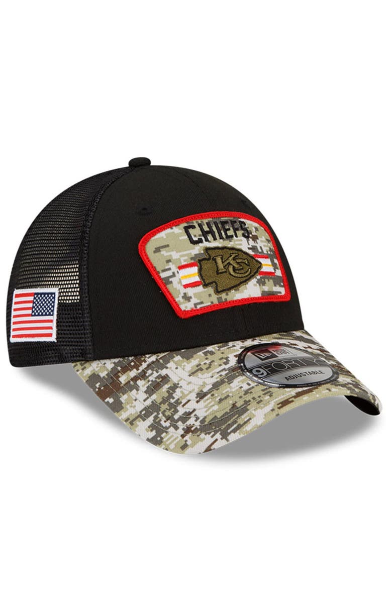 New Era Men's New Era Black/Camo Kansas City Chiefs 2021 Salute To Service Trucker 9FORTY Snapback Adjustable Hat, Main, color, 