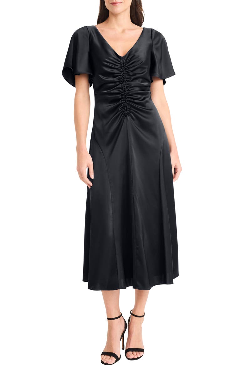 Maggy London Flutter Sleeve Ruched Satin Midi Dress, Main, color, Black