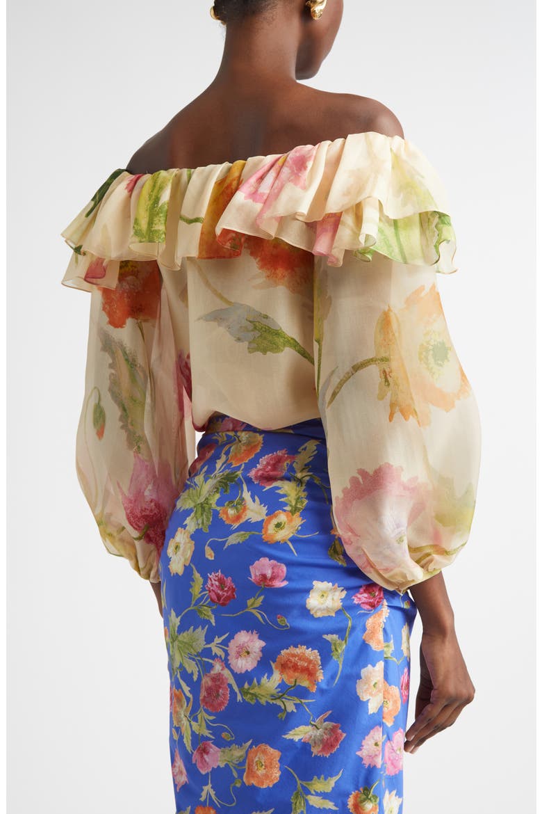 Poppy Print Silk Organza Off the Shoulder Top, Alternate, color, ALMOND MULTI