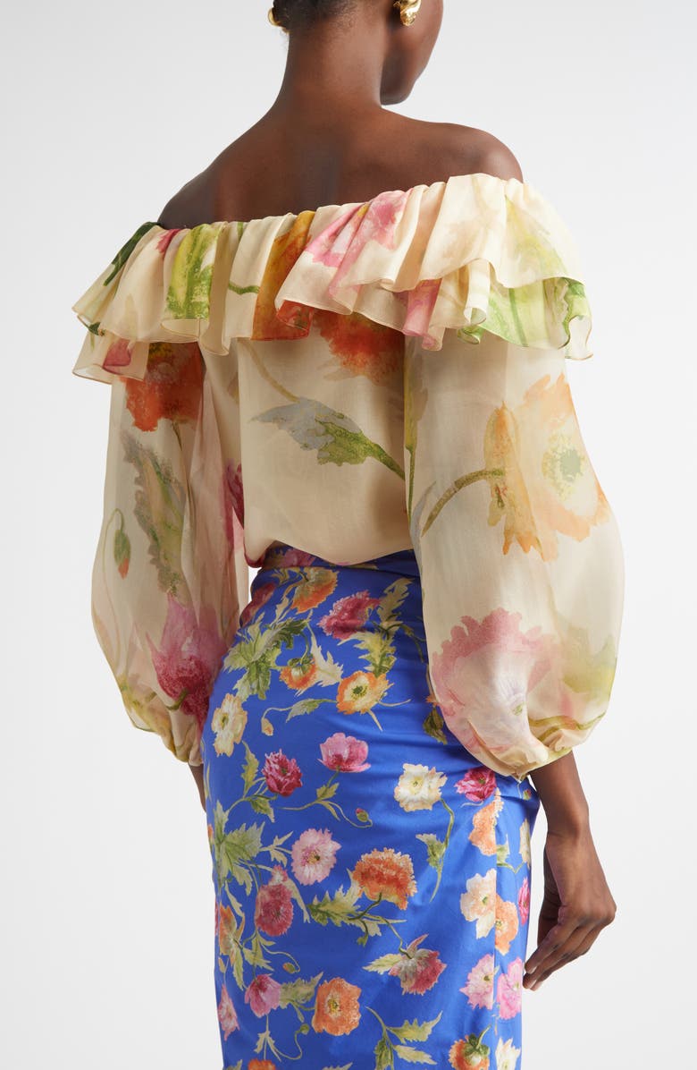 Carolina Herrera Poppy Print Silk Organza Off the Shoulder Top, Alternate, color, Almond Multi