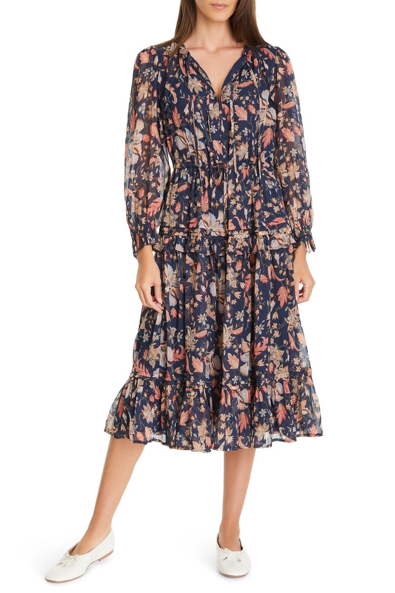 Clarice Floral Print Long Sleeve Midi Dress, Main, color, NAVY-NEW BLOOM
