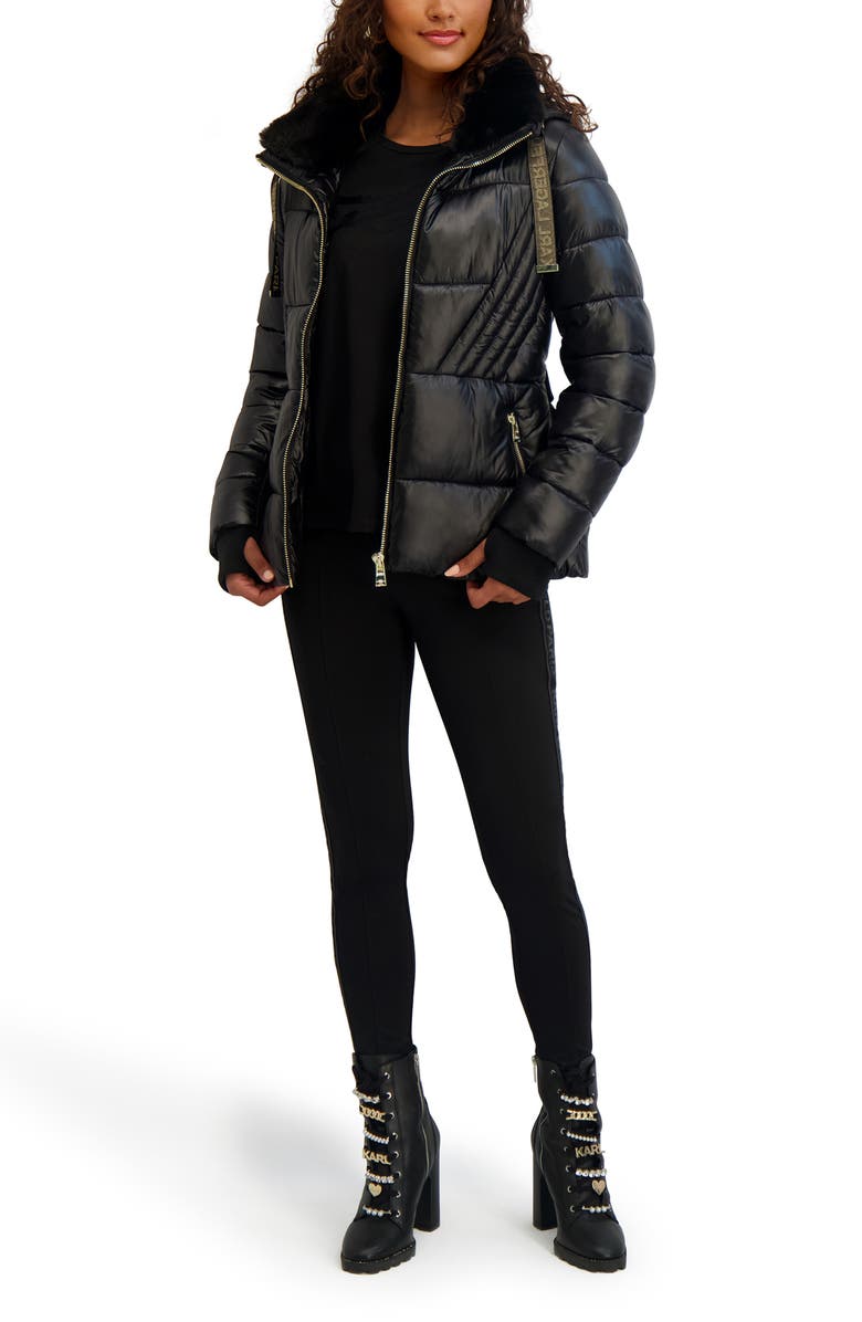 KARL LAGERFELD PARIS Logo Tape Belted Quilted Puffer Jacket, Alternate, color, Black