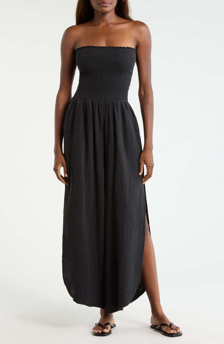 Elan Strapless Smocked Bodice Cotton Gauze Cover-Up Jumpsuit, Main, color, Black