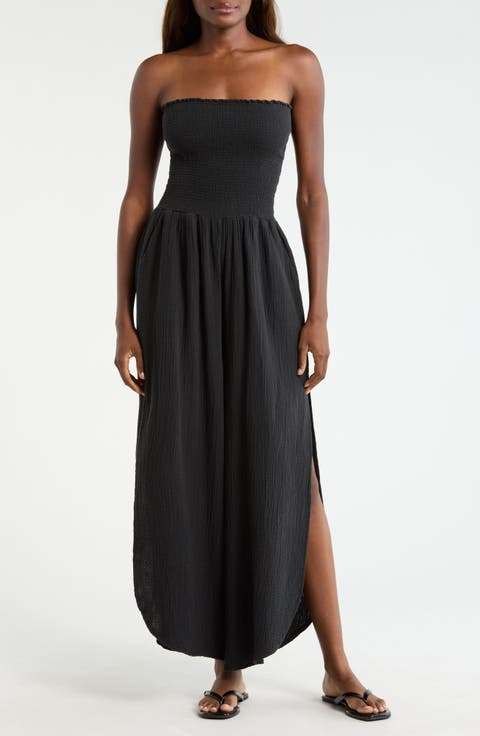 Strapless Smocked Bodice Cotton Gauze Cover-Up Jumpsuit