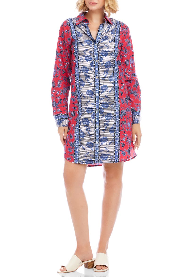Floral Print Long Sleeve Shirtdress, Main, color, RED