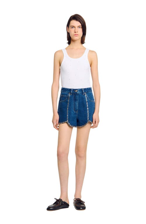 Sandro Womens Blue Jean Rhinestone-embellished Tulip-hem Denim Shorts In Blue
