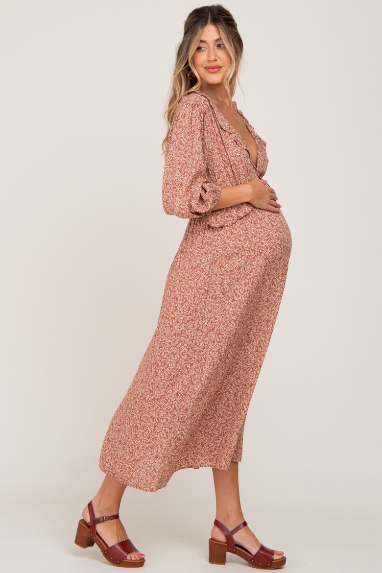 Floral Ruffle V-Neck Midi Dress, Alternate, color, Rust
