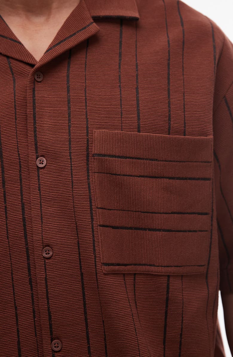 Topman Oversize Stripe Textured Cotton Blend Knit Camp Shirt, Alternate, color, Brown