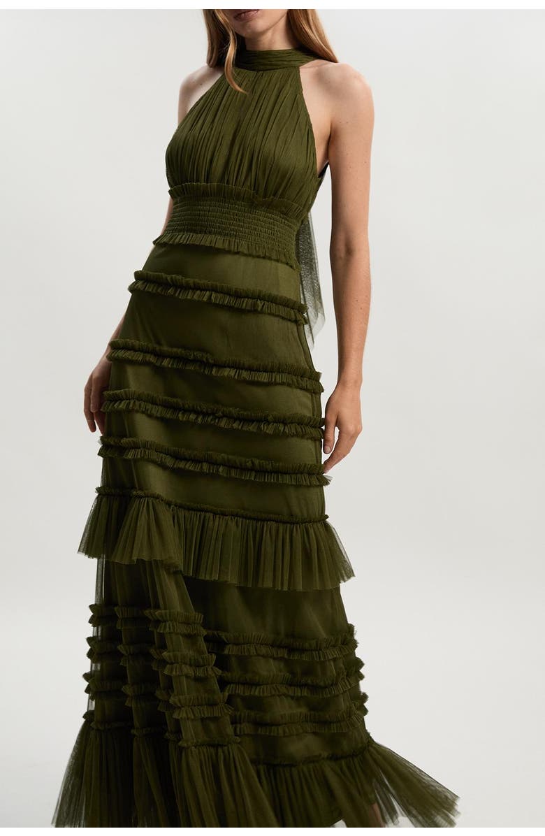 Karen Millen Tulle Layered Halter Neck Maxi Dress, Alternate, color, Khaki