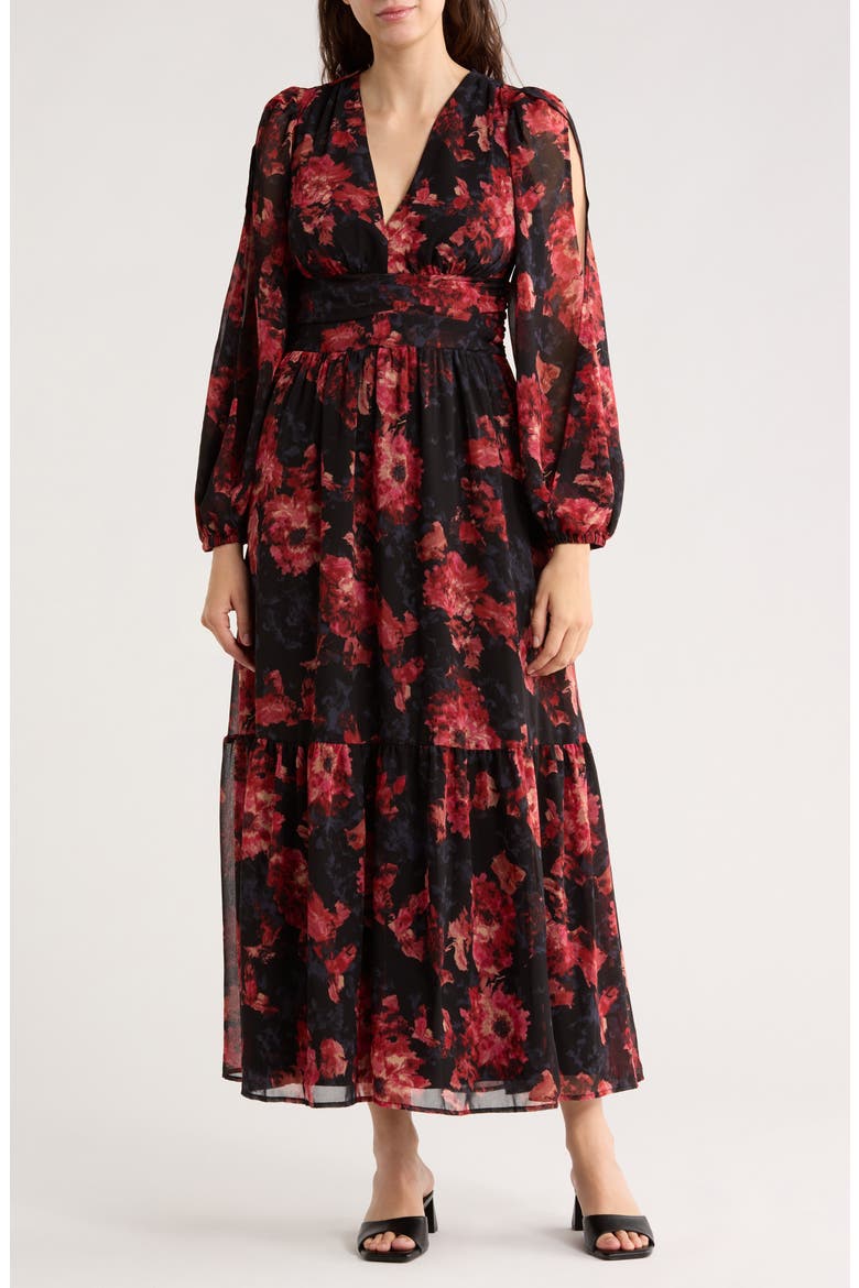 Split Long Sleeve Tiered Dress, Main, color, BLACK- PINK CANVASED BLOOMS