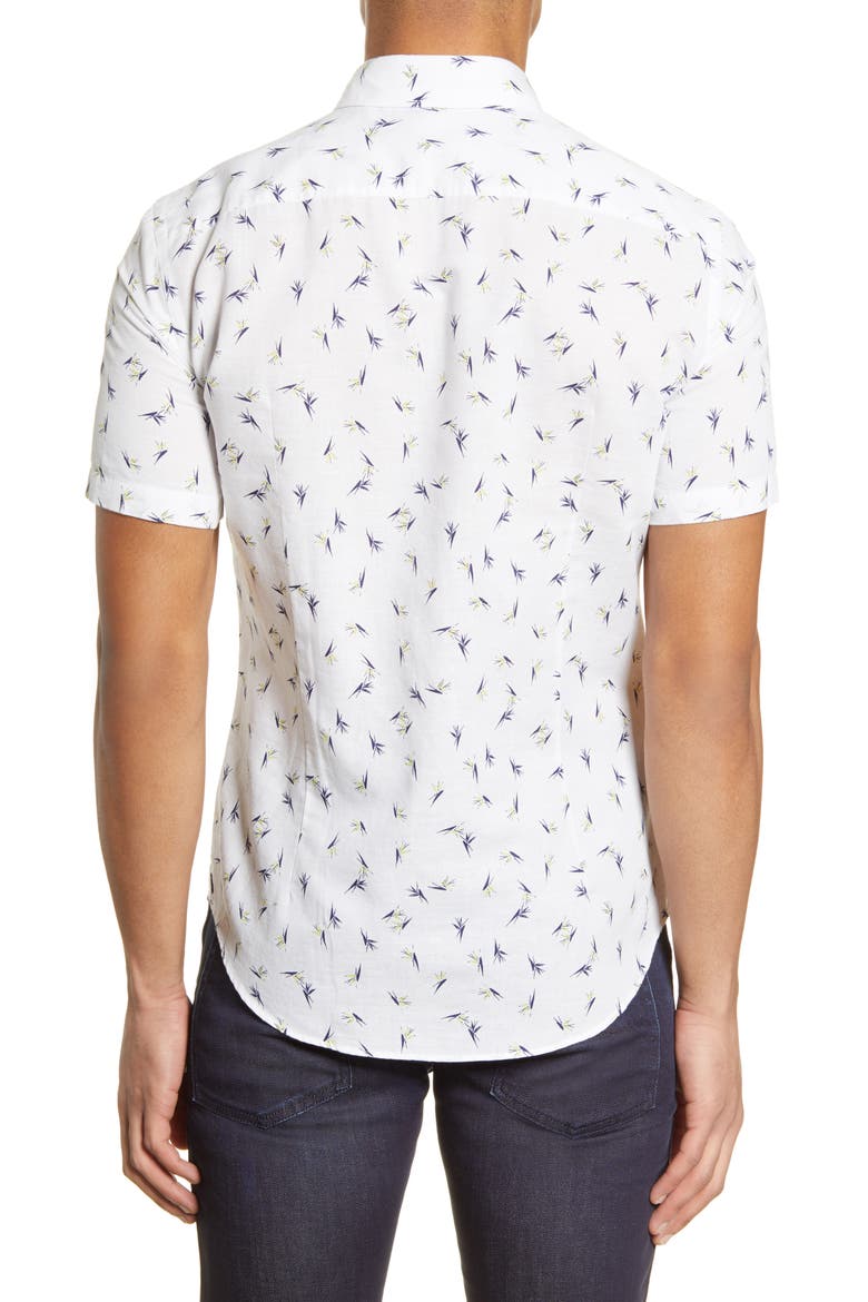 Ronn Slim Fit Print Short Sleeve Button-Up Linen & Cotton Shirt, Alternate, color, WHITE