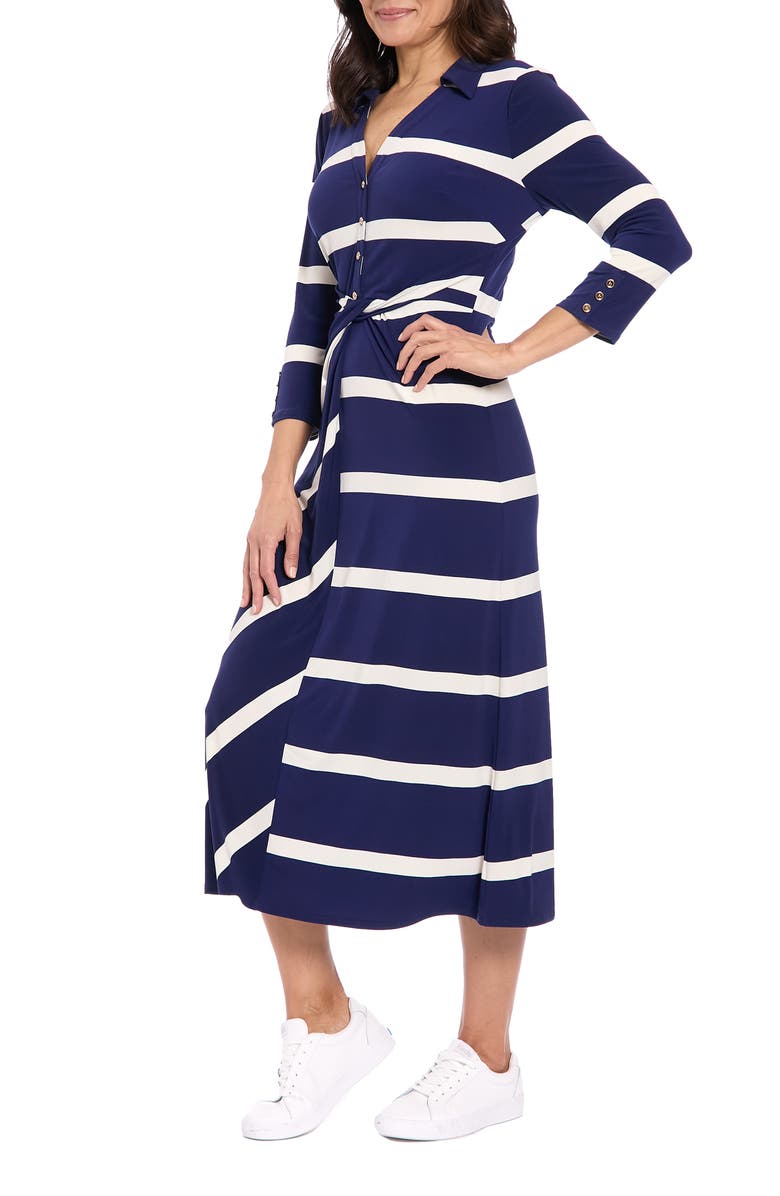London Times Stripe Three-Quarter Sleeve Shirtdress, Alternate, color, Navy/ Ivory