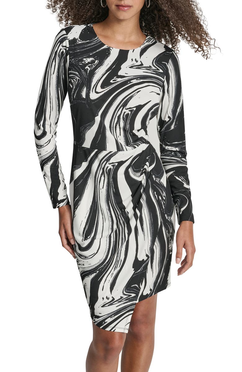 DKNY Long Sleeve Ruched Sheath Dress, Alternate, color, Black Multi