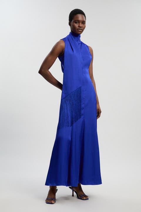 Satin Cowl Neck Scarf Fringe Maxi Dress