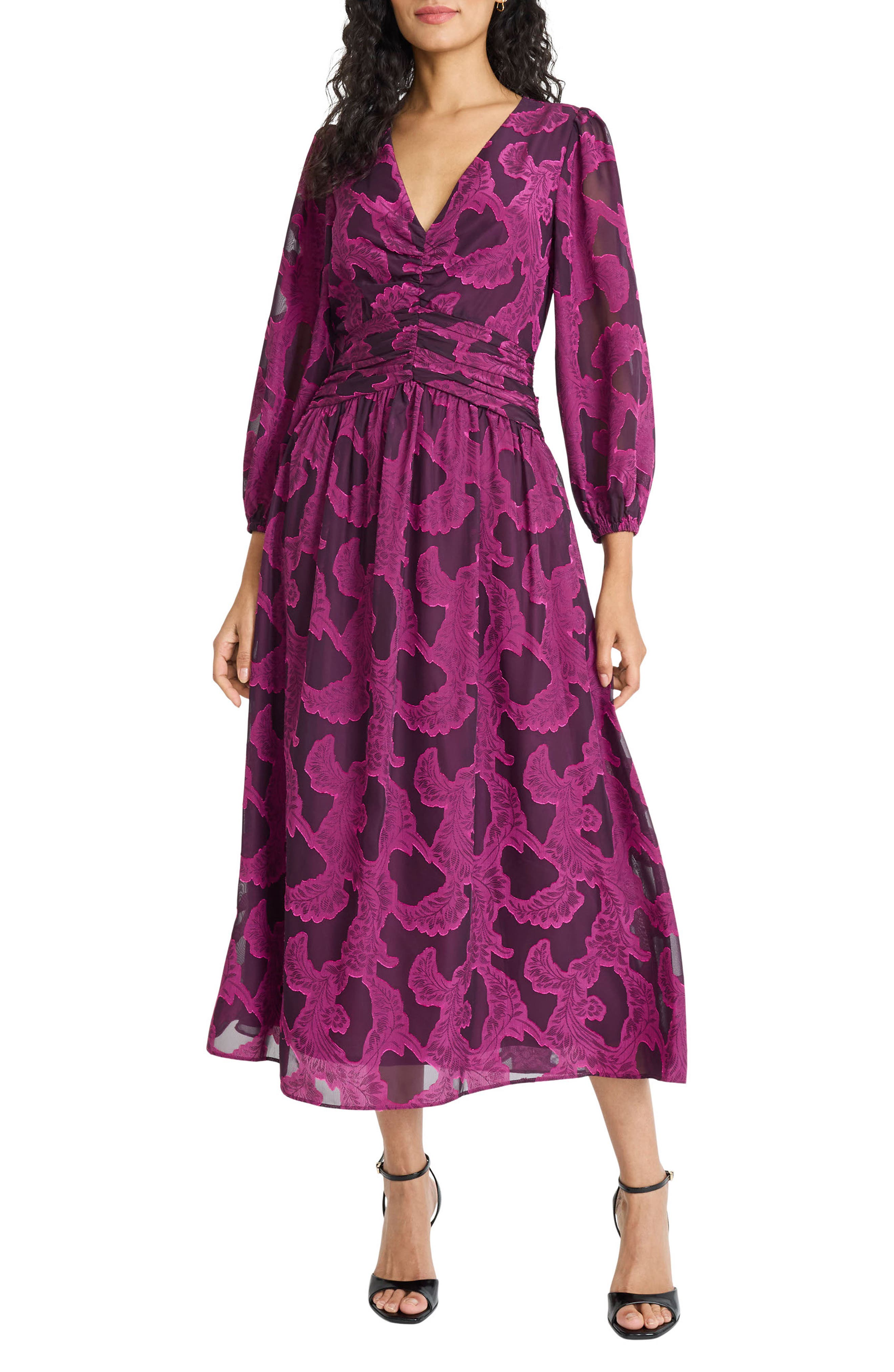 Balloon Sleeve V-Neck Midi Dress