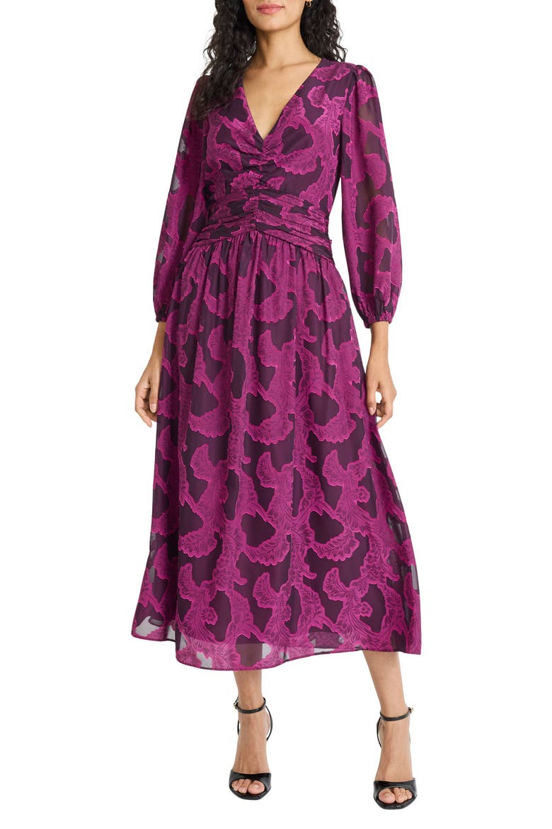 Balloon Sleeve V-Neck Midi Dress, Main, color, MAGENTA