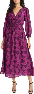 Maggy London Balloon Sleeve V-Neck Midi Dress