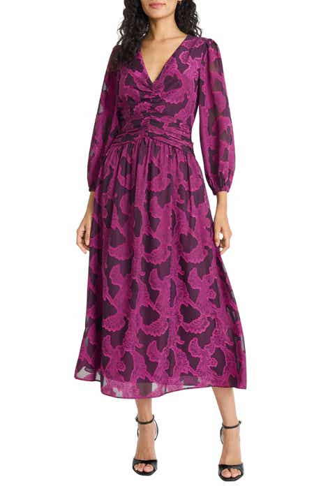 Balloon Sleeve V-Neck Midi Dress