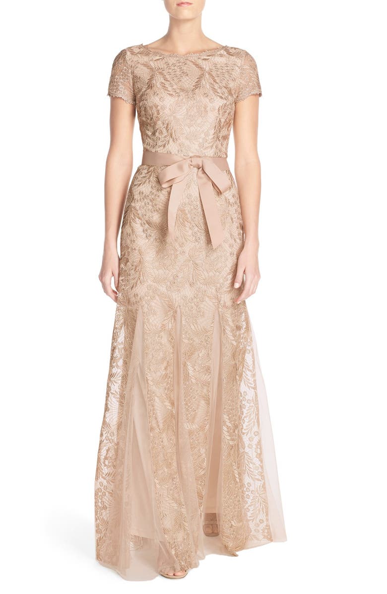 Adrianna Papell Metallic Embroidered Gown, Main, color, 