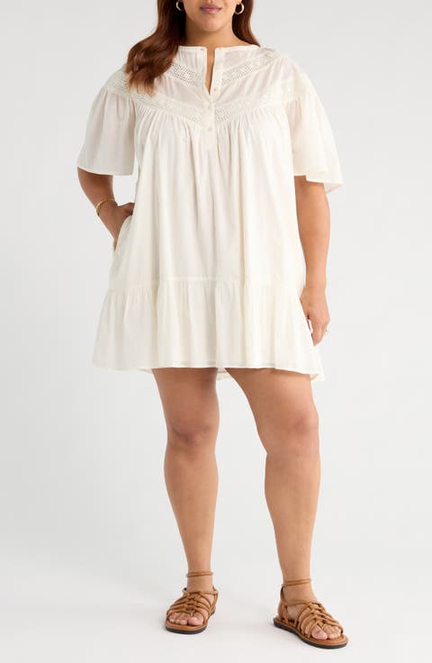 Lace Yoke Cotton Shift Dress (Plus)