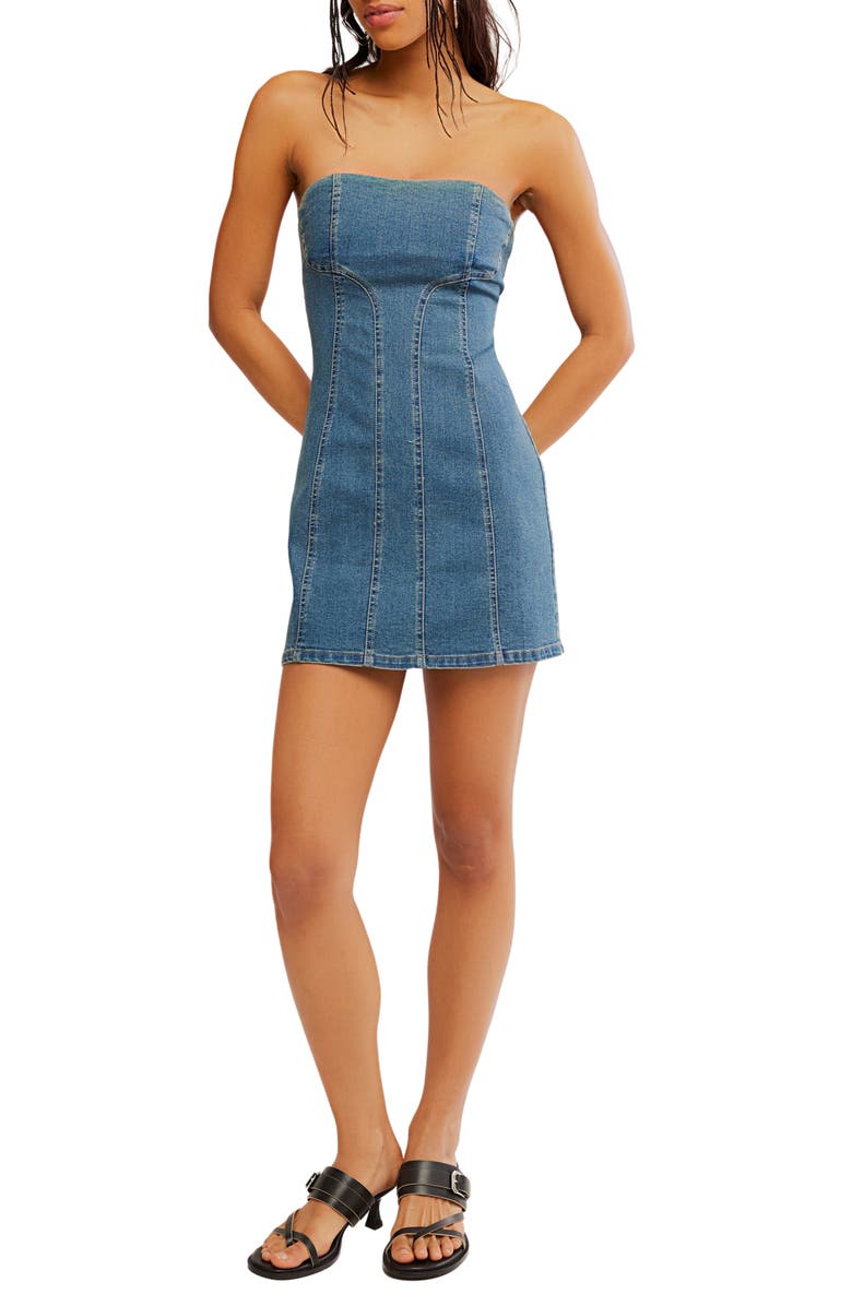 Free People Alexa Strapless Denim Minidress, Main, color, Stone Wash Blue