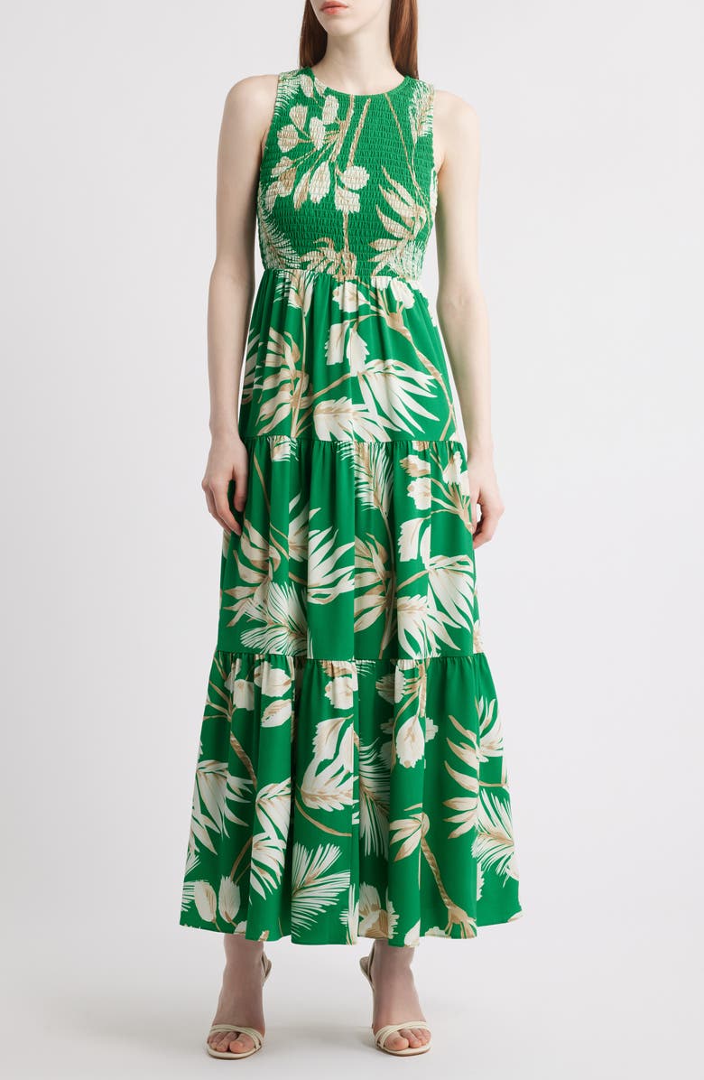 Anne Klein Palm Print Smocked Tiered Maxi Dress, Main, color,