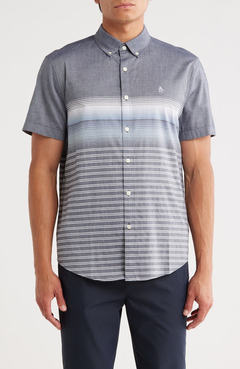 Original Penguin Gradient Stripe Short Sleeve Cotton Button-Up Shirt, Main, color, Dark Sapphire