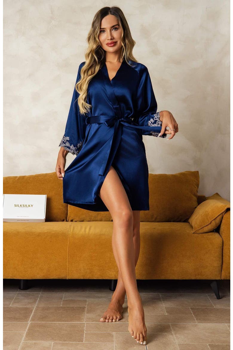 Pure Silk 3/4 Sleeves Belted Short Robe With Lace Design, Alternate, color, Dark Blue