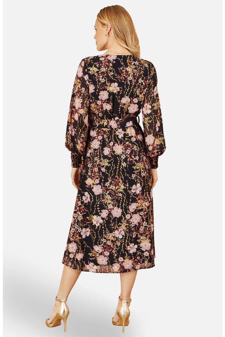 Foiled Floral Print Wrap Midi Dress, Alternate, color, Black