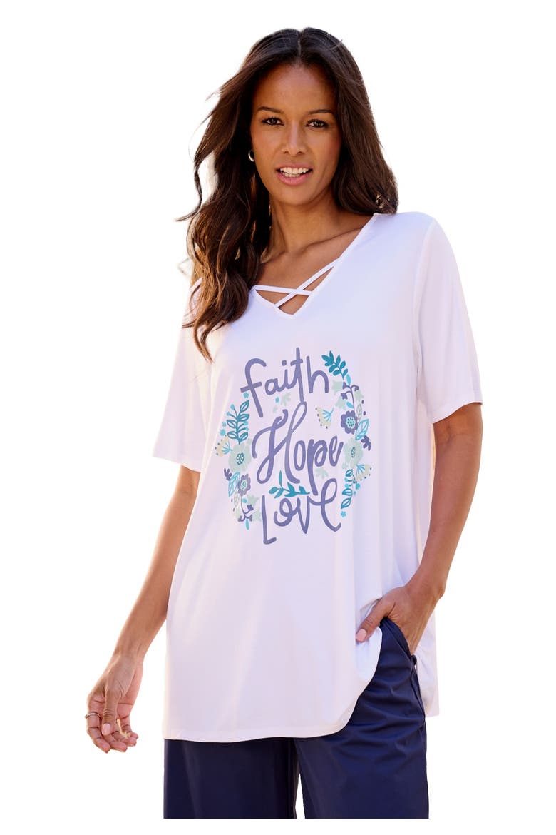 Plus Size Lace Up V Neck Short Sleeve Print Tunic, Main, color, WHITE BELIEVE